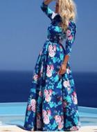 Romwe Blue Round Neck Long Sleeve Floral Maxi Dress