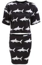Romwe Short Sleeve Whale Print Top With Bodycon Black Skirt