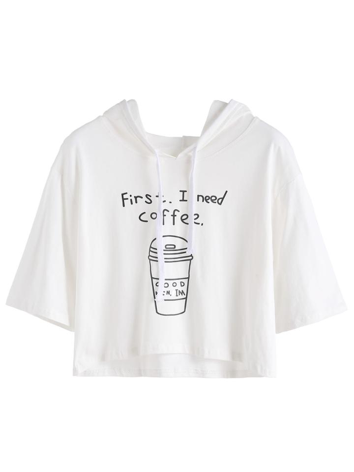 Romwe White Coffee Cup Slogan Print Drawstring Hooded T-shirt