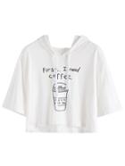 Romwe White Coffee Cup Slogan Print Drawstring Hooded T-shirt