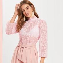 Romwe Frilled Neck Lantern Sleeve Jacquard Top