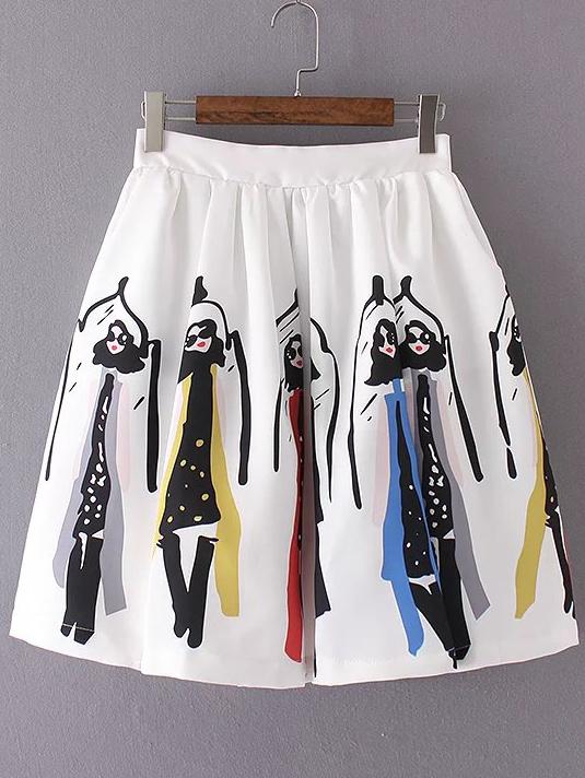 Romwe White Printed Zipper Pleated Skirt