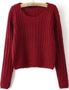Romwe Round Neck Cable Knit Crop Red Sweater
