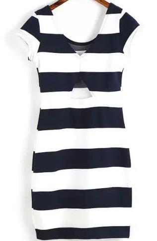 Romwe Striped Cut Out Navy Dress