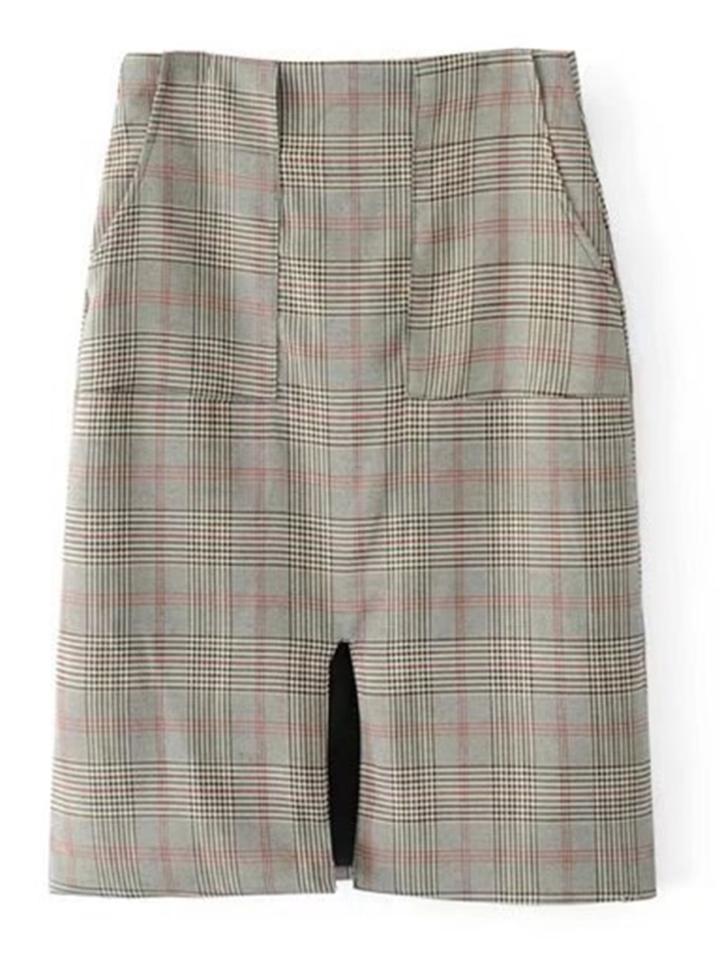 Romwe Slit Detail High Waist Plaid Skirt