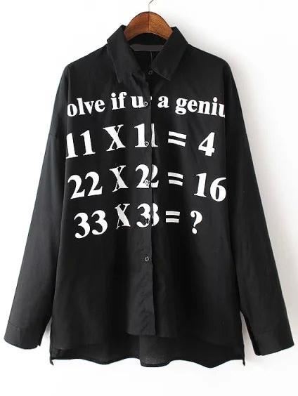 Romwe High Low Lapel Letter Print Blouse