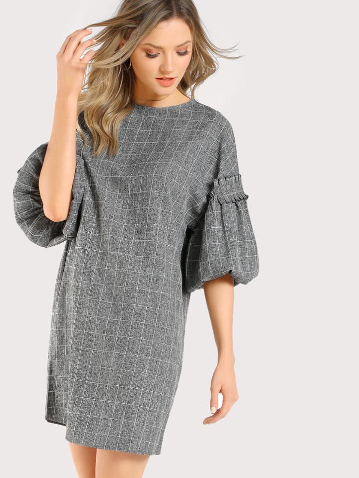 Romwe Frilled Exaggerated Lantern Sleeve Grid Dress