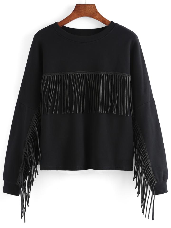 Romwe Embroidered Fringe Loose Sweatshirt