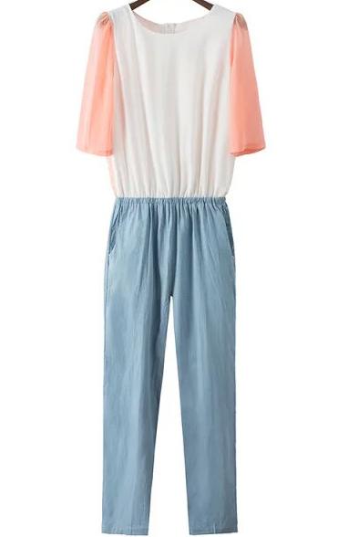 Romwe With Zipper Color-block Slim Jumpsuit