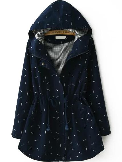 Romwe Hooded Leaves Print Drawstring Navy Coat