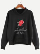 Romwe Black Dropped Shoulder Seam Flower Embroidery Sweatshirt