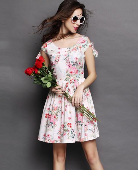 Romwe White Round Neck Floral Bow Pleated Dress
