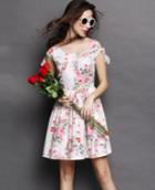 Romwe White Round Neck Floral Bow Pleated Dress
