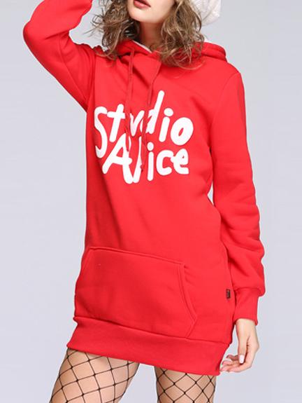 Romwe Hooded Drawstring Letter Print Red Sweatshirt Dress