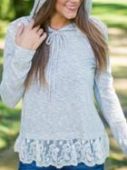 Romwe Hooded Contrast Lace Grey T-shirt