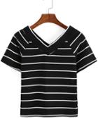 Romwe V Neck Striped Black T-shirt