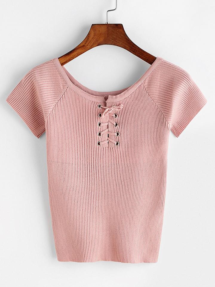 Romwe Pink Lace Up Front Ribbed Knitted T-shirt
