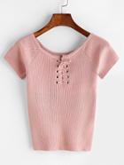 Romwe Pink Lace Up Front Ribbed Knitted T-shirt
