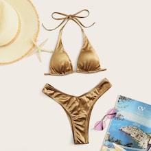 Romwe Metallic Halter Top With High Cut Bikini Set