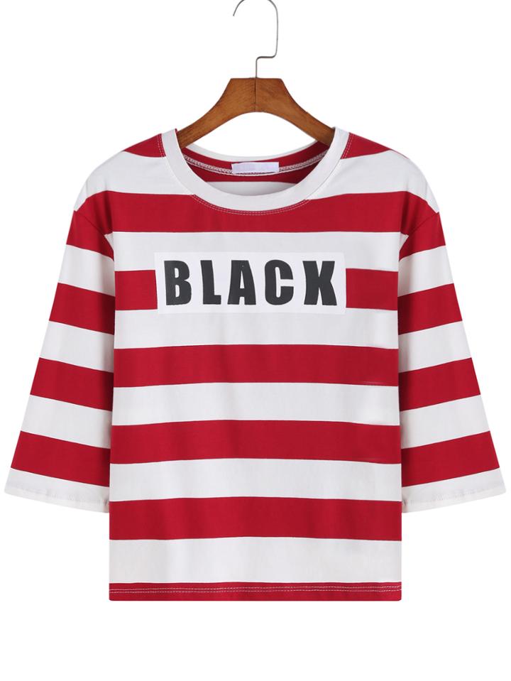 Romwe Half Sleeve Striped Letter Print T-shirt