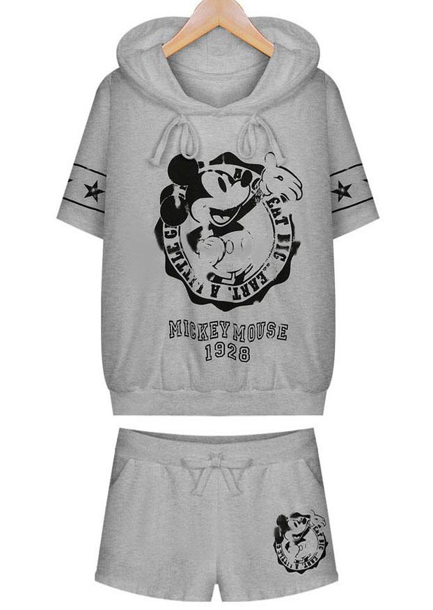 Romwe Hooded Mickey Print Top With Drawstring Grey Shorts