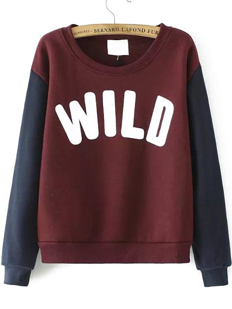 Romwe Contrast Sleeve Letter Print Wine Red Sweatshirt