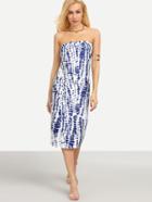 Romwe Blue Tie Dye Print Bandeau Dress