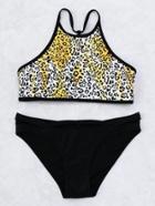 Romwe Leopard Print Racer Front Mix And Match Bikini Set