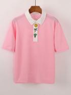 Romwe Embroidery Contrast Collar Polo T-shirt - Pink