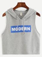 Romwe Heather Grey Letter Print Hooded Top