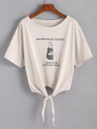 Romwe Knot-front Bunny Print Slub T-shirt - Grey