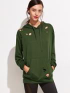Romwe Green Ripped Drawstring Hooded Pocket Sweatshirt