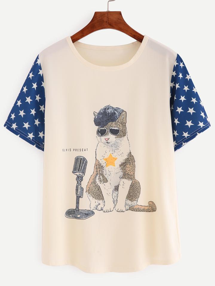 Romwe Contrast Star Sleeve Cat Print T-shirt - Beige