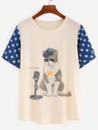 Romwe Contrast Star Sleeve Cat Print T-shirt - Beige
