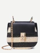 Romwe Black Faux Leather And Striped Straw Saddle Bag
