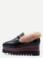 Romwe Black Pu Square Toe Fur Lined Wedge Loafers