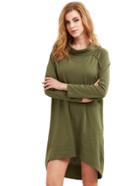 Romwe Army Green Cowl Neck Long Sleeve High Low Dress