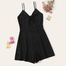 Romwe Solid Tie Front Cami Romper