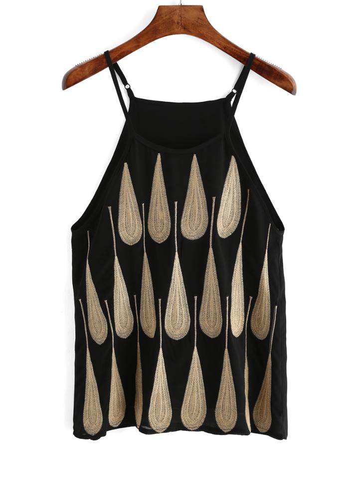 Romwe Spaghetti Strap Leaves Embroidered Chiffon Cami Top