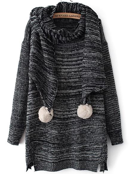 Romwe Dropped Shoulder Seam Split Black Sweater Dress With Pom Pom Scarf