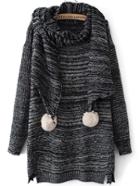 Romwe Dropped Shoulder Seam Split Black Sweater Dress With Pom Pom Scarf