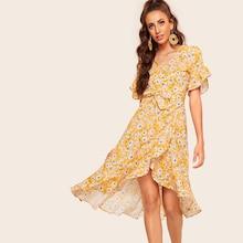 Romwe Floral Print Ruffle Hem Wrap Dress