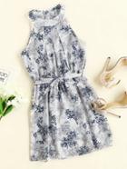 Romwe Floral Print Random Pleated Dress With Belt