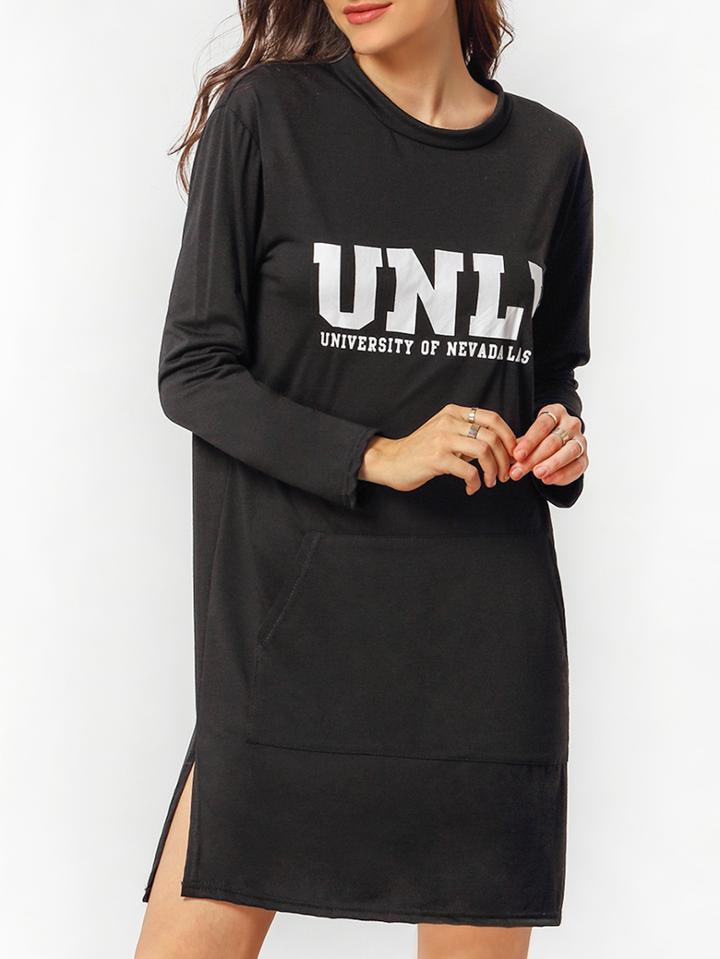 Romwe Letter Print Split Side Sweatshirt Dress