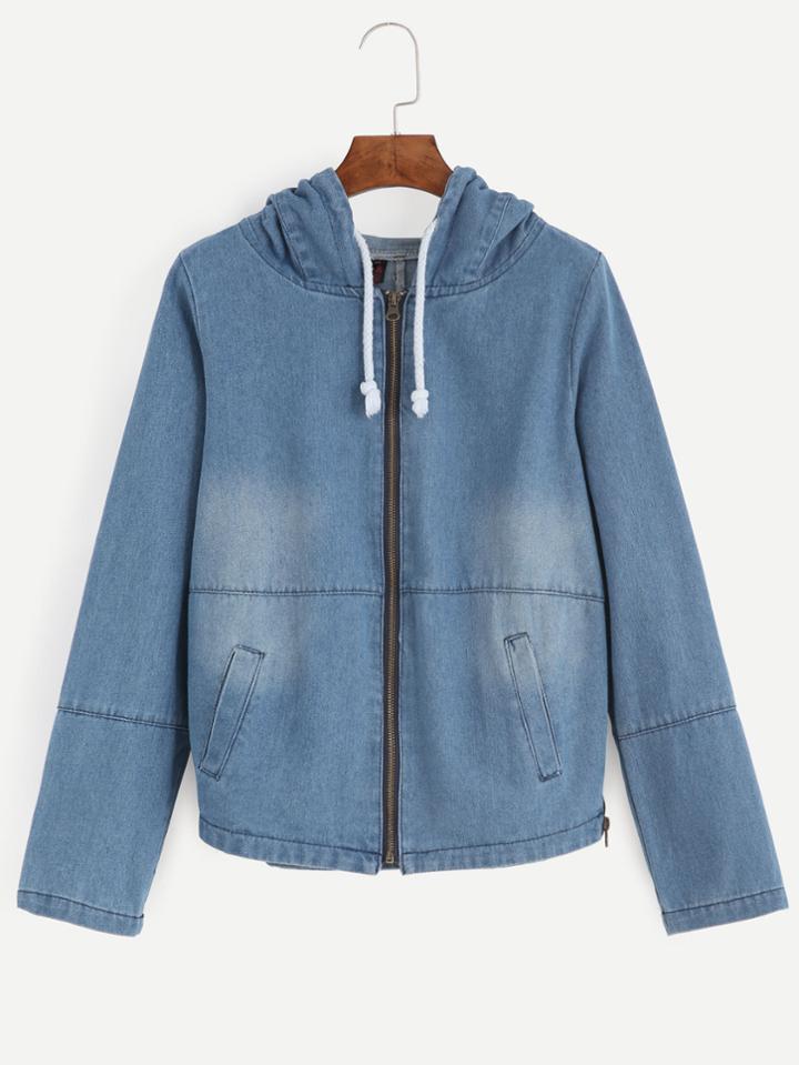 Romwe Blue Pocket Back Hooded Denim Coat