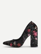 Romwe Calico Embroidery Pointed Toe Block Heeled Pumps
