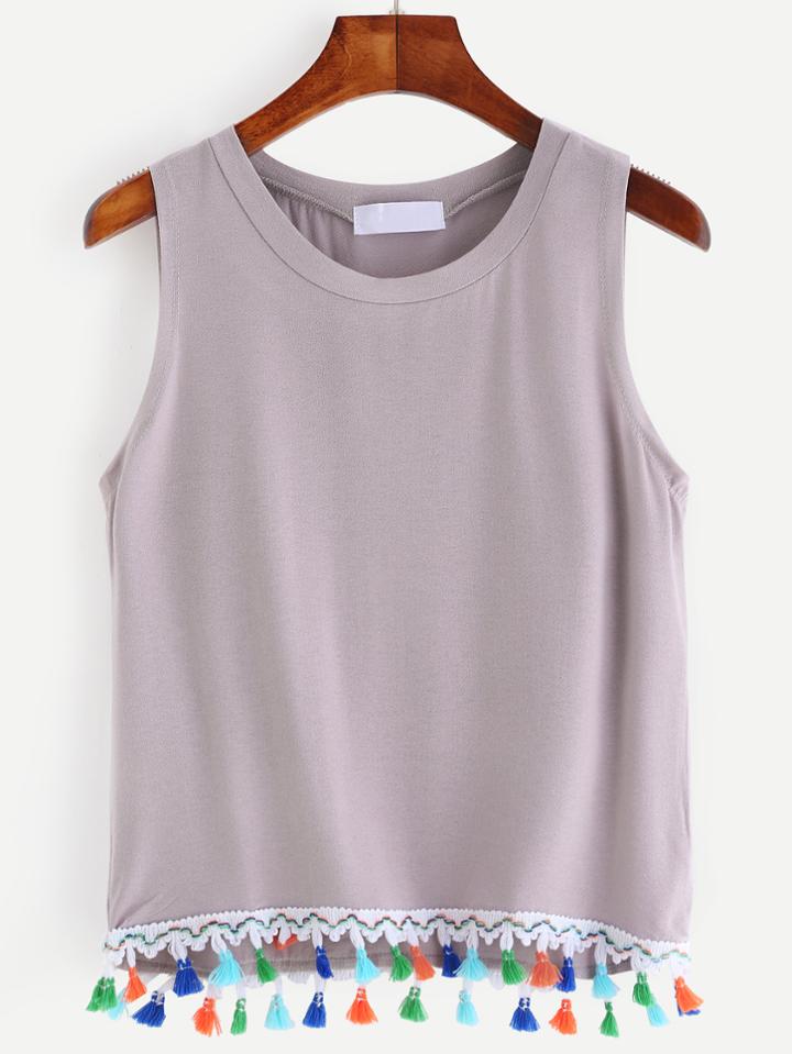 Romwe Grey Tassel Trim Tank Top