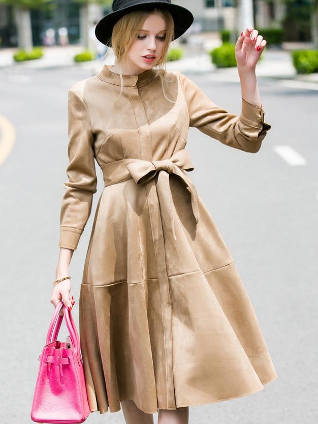 Romwe Khaki Round Neck Long Sleeve Tie-waist Pockets Coat