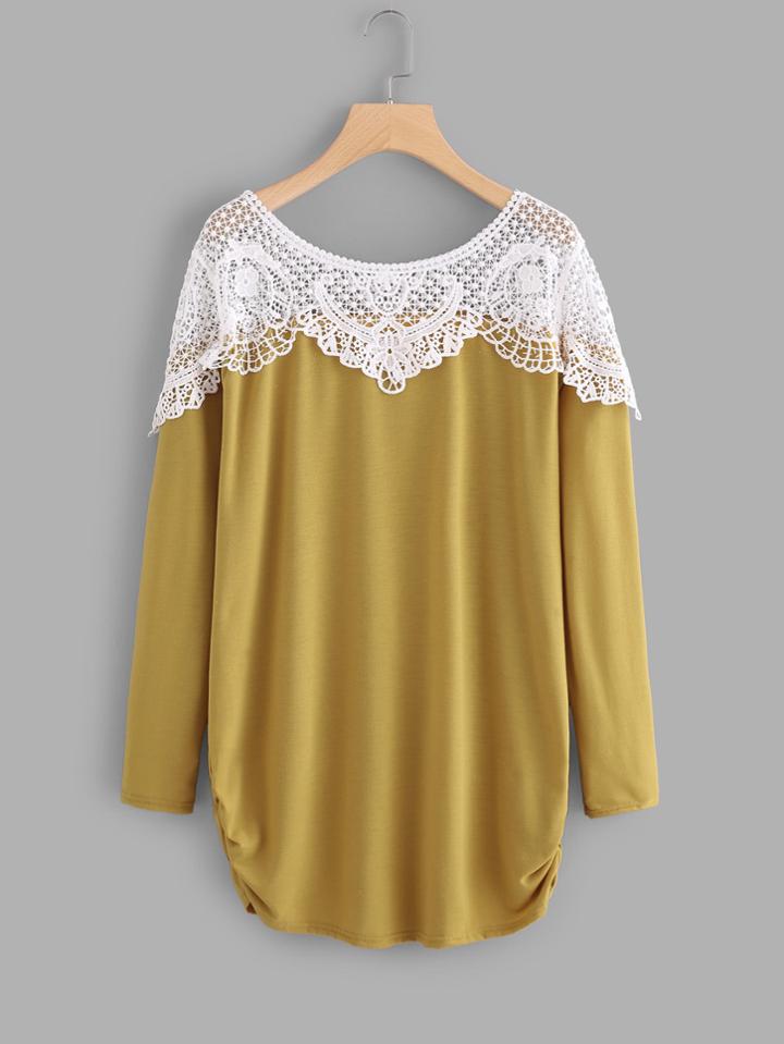 Romwe Contrast Hollow Out Crochet Tee
