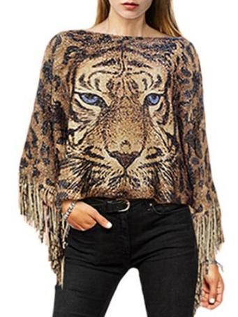 Romwe Tiger Print Tassel Poncho